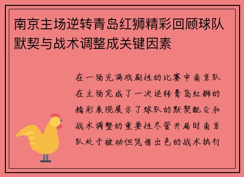 南京主场逆转青岛红狮精彩回顾球队默契与战术调整成关键因素