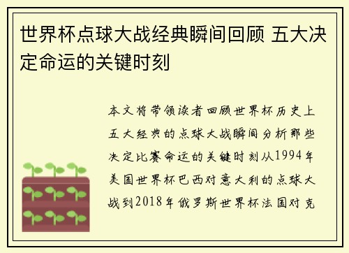 世界杯点球大战经典瞬间回顾 五大决定命运的关键时刻
