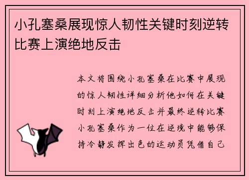 小孔塞桑展现惊人韧性关键时刻逆转比赛上演绝地反击